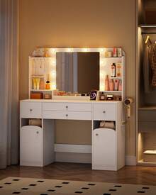 HaluPeit Vanity Desk With HD Mirror And Led Light, Makeup Vanity With Power Strip, 42.5'' Large Tabletop, Dressing Table With 4 Drawers, 2 Open Storage Cabinets, With Jewelry Storage, White - 白色 - 查看 3