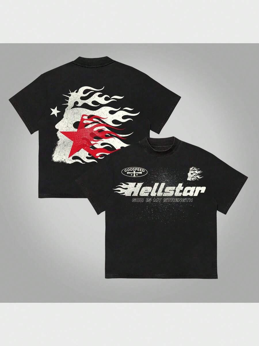 Hellstars God Is My Strength Flame Silhouette Vintage T-Shirt Double Sided Printed (220g 100% Cotton T-Shirt), Summer Clothes, Women's Tops, Casual And Comfortable, Fashionable Graphic Tee, Unisex Style - 黑色 - 查看 1