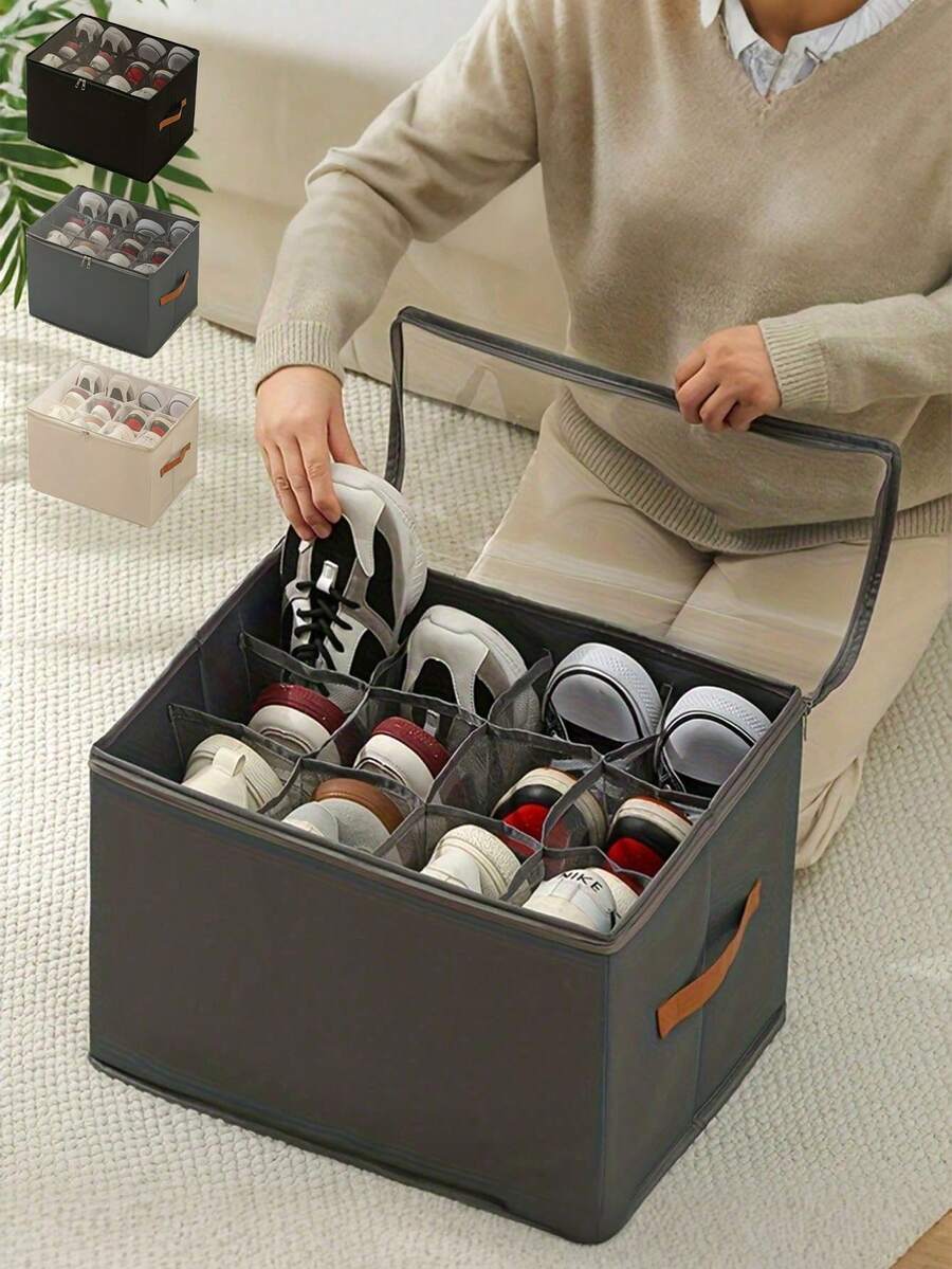 Hộp đựng giày bằng vải có thể gấp gọn, chứa được 12 hoặc 16 đôi giày, hộp đựng giày bằng vải dung tích lớn có nắp đậy, vách ngăn điều chỉnh được, thích hợp cho tủ quần áo, nắp trong suốt chống bụi và chống ẩm, hộp đựng giày đa năng có thể giặt được, dùng cho gia đình, trường học, ký túc xá.