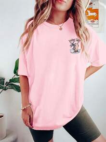 [Summer Beach Tee] High Stretch Women's Plus Size Casual Loose Fit Round Neck Short Sleeve T-Shirt |  "FEELING SALTY" Surf Skeleton Graphic Print 2026 - 粉色 - 查看 3