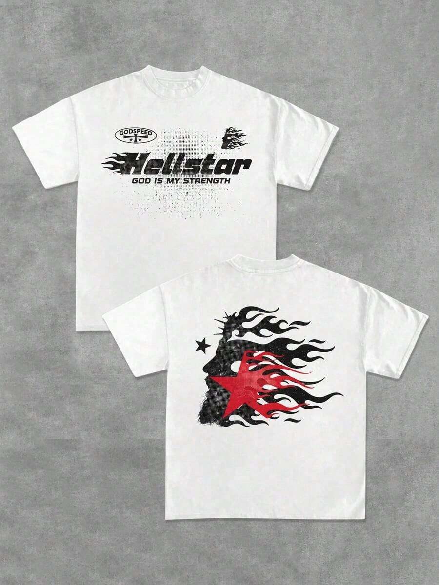 Printed T-Shirt Cotton Plus Size Men's Clothing, (220 Cotton T-Shirt Double-Sided Printing) 1pc Flame & Star Graphic T-Shirt, Y2K, Streetwear, Digital Print T - Shirt Casual Comfort Cotton Tee For Spring & Summer Fall Men's Clothing, Halloween Gift,Unisex ,Y2K,Oversized Shirt Men,Summer Tops - 白色 - 查看 1