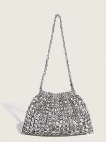 Nova Bolsa de Ombro Feminina Feita à Mão com Contas de Metal Trançado, Bolsa de Massa Trançada Vazada, Bolsa com Contas de Pérola Prateada - Prata - Visão 8