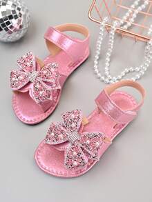 2026 New Girls Butterfly Sandals, Summer Princess Style Pink Rhinestone Open Toe Hook And Loop Shoes - Pink - View 1