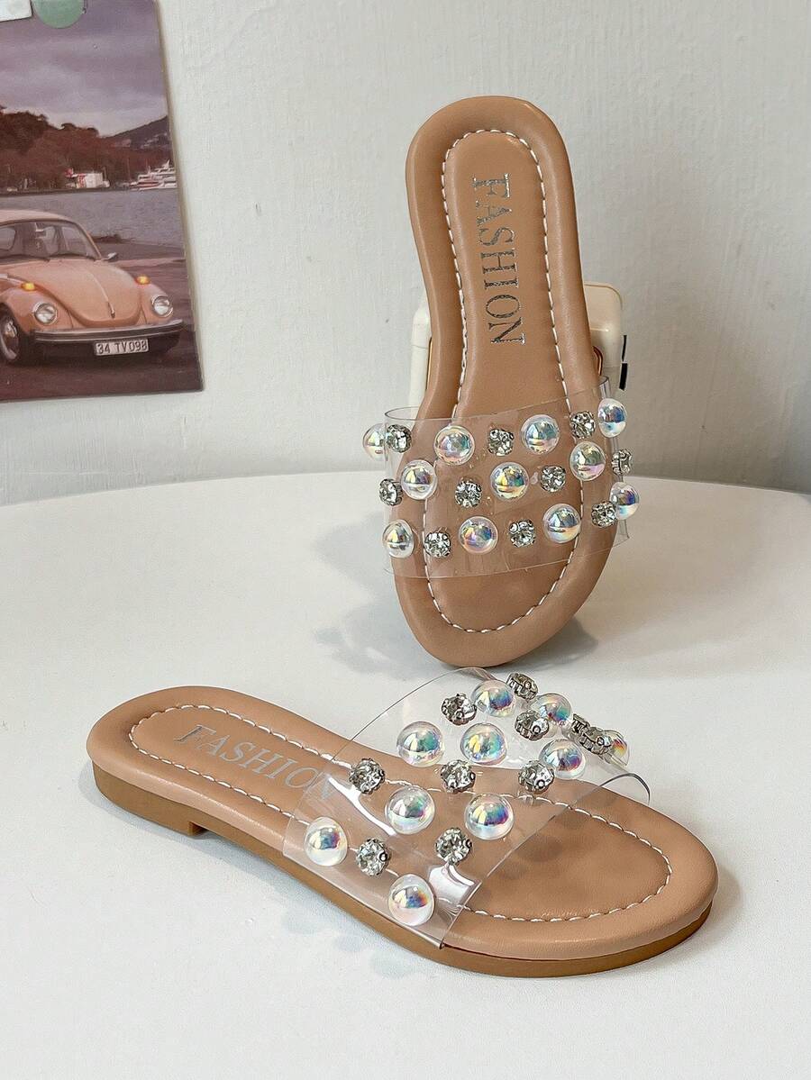1 Pair 2026 Girls' Transparent PVC Pearl Rhinestone Wide Strap Flat Open Toe Slip-On Sandals, Summer Daily Vacation Style