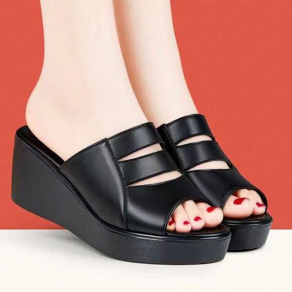 2025 Spring/Summer Hook And Loop Platform Wedge Sandals, Thick Sole Mid-Heel Versatile Large Size Comfortable Dress Shoes For Mothers