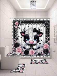 1件/4件套卡通可爱蝴蝶结小牛图案浴室浴帘套装 - A - 查看 21