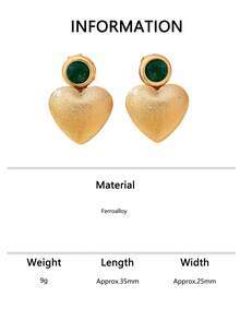 一对金色磨砂心形耳坠 | 绿色水钻点缀吊坠耳环 | 复古奢华珠宝 - 金色 - 查看 7