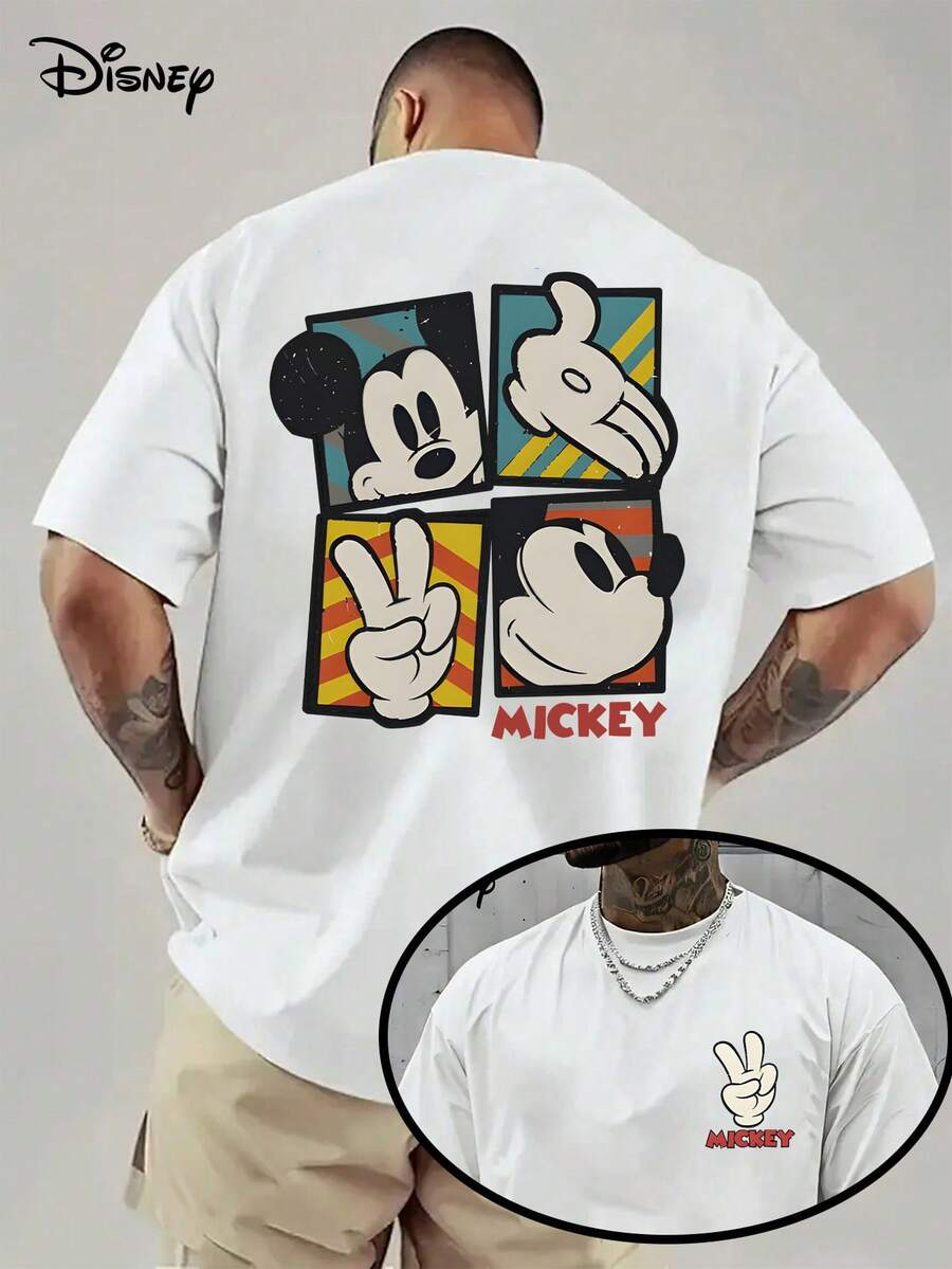Disney Official Licensed Mickey Mouse Unisex T-Shirt, Retro 4-Panel Mickey Hand Graphic Tee, 220g Heavyweight Cotton Casual Summer Top - 白色 - 查看 1