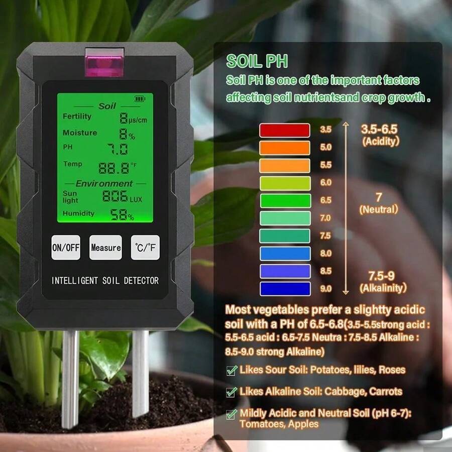 6-In-1 Professional Soil Tester, Equipped With Digital Display Screen, Can Measure Parameters Such As Temperature, Light Intensity, PH Value, Humidity, Etc., With Adjustable Probe Height And Battery Power Supply, Suitable For Gardens, Lawns, Farms And Indoor/Outdoor Plants (Without Batteries). - Green - View 1