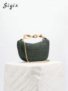 Casual Vacation Style Straw Bag, New French Retro High-End Metal Chain Shoulder/Crossbody Bag For Women - Multicolor - View 3