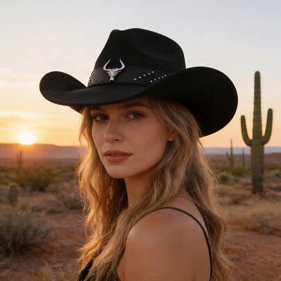 时尚简约美式风格高品质银铆钉牛头装饰牛仔帽，男女皆宜，适合派对和日常佩戴