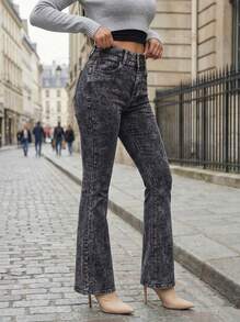 Women's Retro Bootcut Jeans - Double Button Tummy Control Stretch Denim Pants, Classic Flared Leg For Daily Wear - Dark Grey - View 6