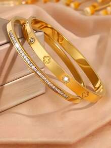 1 pieza/2 piezas Conjunto de pulsera de acero inoxidable dorado con trébol de diamantes, accesorio de lujo minimalista para hombres, regalo exclusivo del Día de San Valentín - Dorado - Ver 2