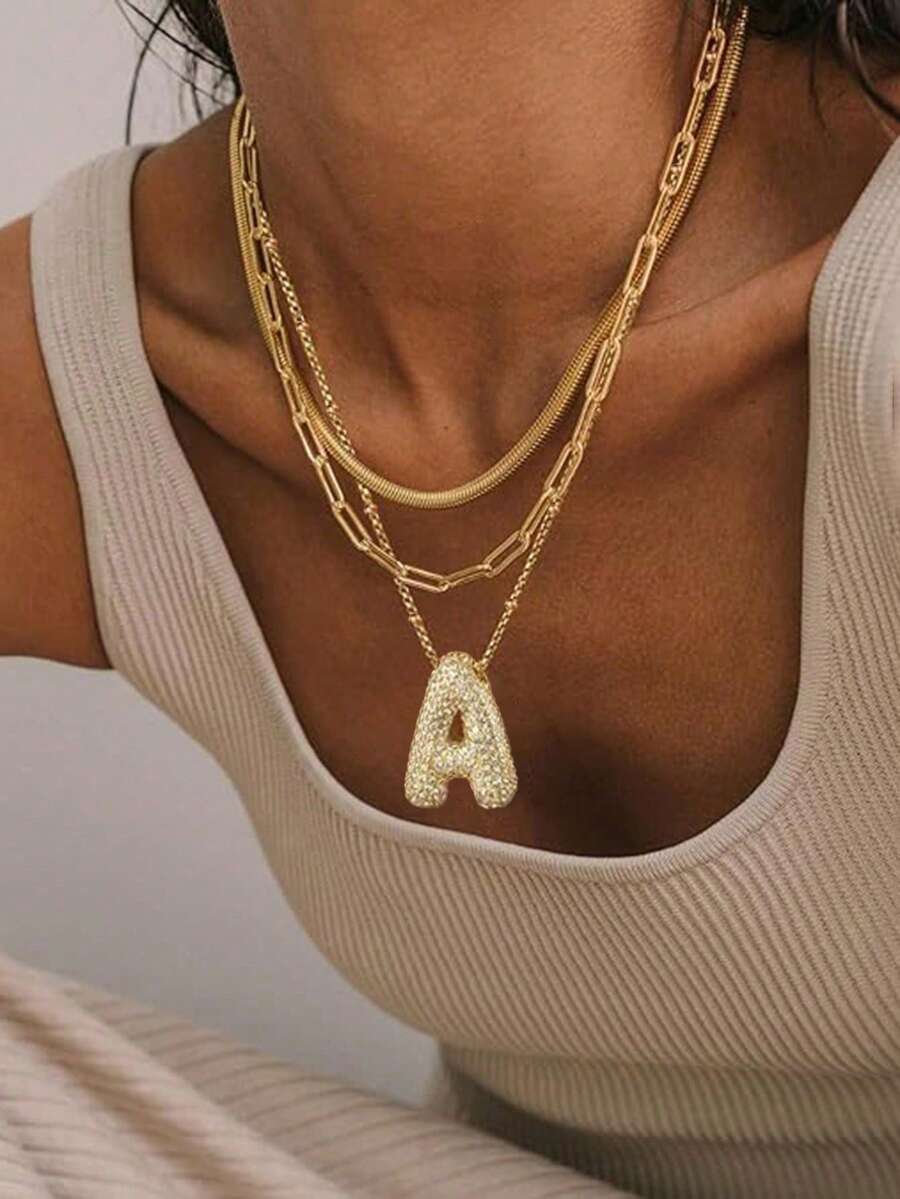 rakol Set de 3 collares de estilo bohemio personalizado y de moda con capas de oro, collares con letras, adecuado para decoración diaria por capas, puede ser un regalo para mujeres - Conjunto de collar (juego de tres piezas) - Ver 1