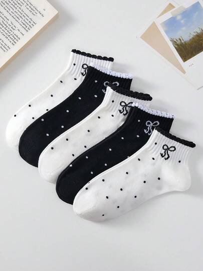 5 Pairs Women's White And Black Short Socks With Bow And Polka Dot Patterns, Casual Minimalist Comfortable Ruffle Ankle Socks, Random Colors
