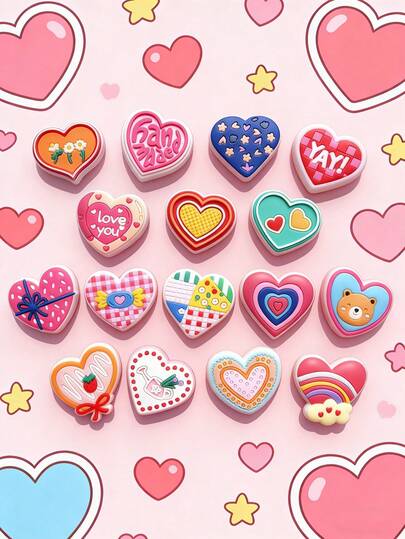16 piezas de la serie "Amor", decoraciones de zapatos con tema de corazón de dibujos animados, accesorios de zapatos lindos, adecuados para sandalias y pulseras - opciones ideales para regalos de cumpleaños, regalos de fiesta, regalos del Día de San Valentín. Hecho de material de PVC, decoraciones de zapatos con forma de corazón de PVC, decoraciones de zapatos con forma de corazón rosa de PVC, accesorios de zapatos, regalos de festival.