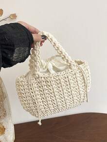 时尚钩针编织小包，女士新款春夏慵懒风针织棉包，多巴胺图案，外出手提包 - 白色 - 查看 10