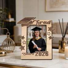 1/2pcs Wooden Graduation Photo Frame. 2026 Graduate Cap & Star Design Fits 5x3.5 Inch Photo, University Party, Gift, Souvenir, Living Room Decor Woodcraft Photo Stand Memorabilia. - Multicolor - View 7