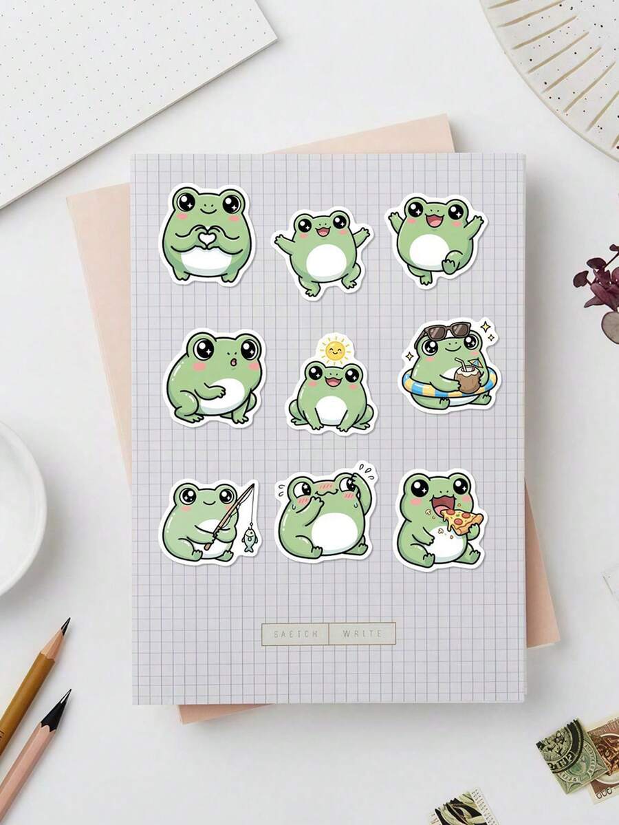 56 piezas Paquete de pegatinas diarias de ranas lindas, suministros creativos de cuaderno y planificador para niños, pegatinas de decoración, suministros de scrapbooking para manualidades de niños, pegatinas de dibujos animados de Kawaii para diarios y scrapbooking, para botellas de agua, portátiles y manualidades - Multicolor - Ver 1