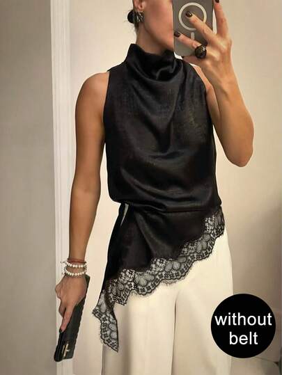 Áo kiểu nữ không tay cổ yếm màu đen mới, thiết kế cổ bèo nhún thanh lịch, viền ren bất đối xứng, dáng ôm vừa vặn, thích hợp cho công sở.