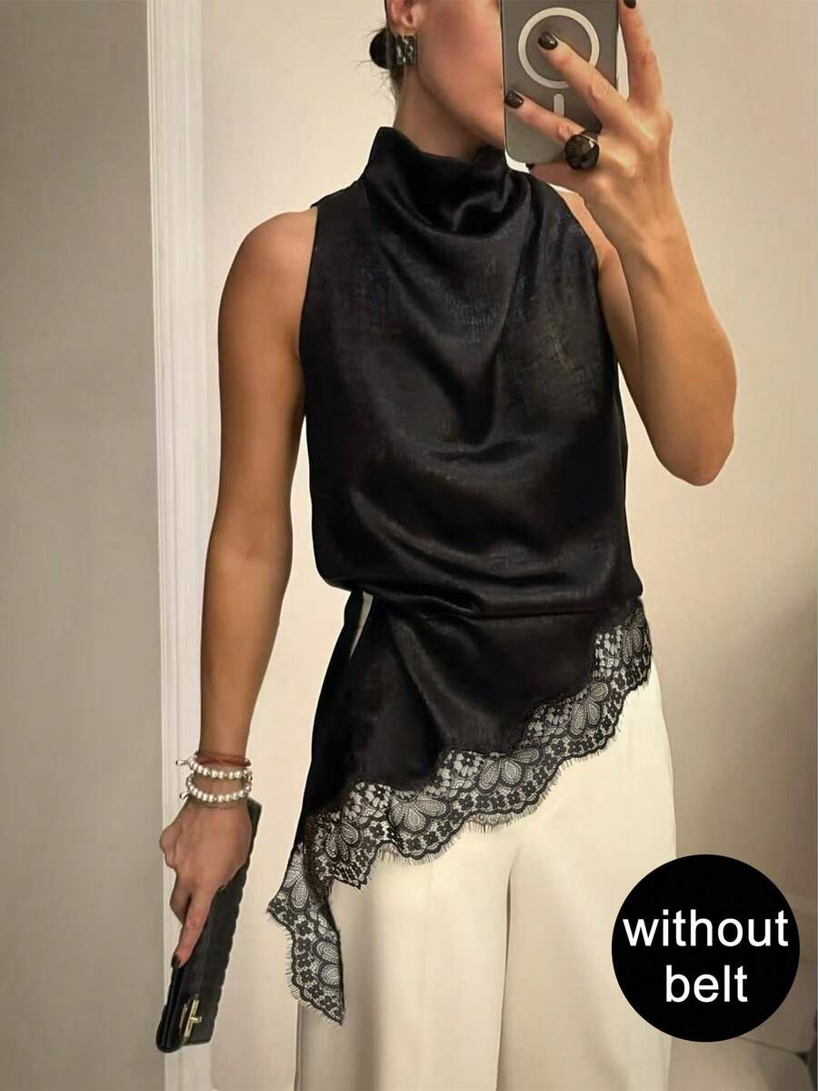 新款黑色无袖露背吊带女式衬衫，优雅荷叶边领口设计，蕾丝饰边不对称下摆修身办公衬衫 - 黑色 - 查看 1