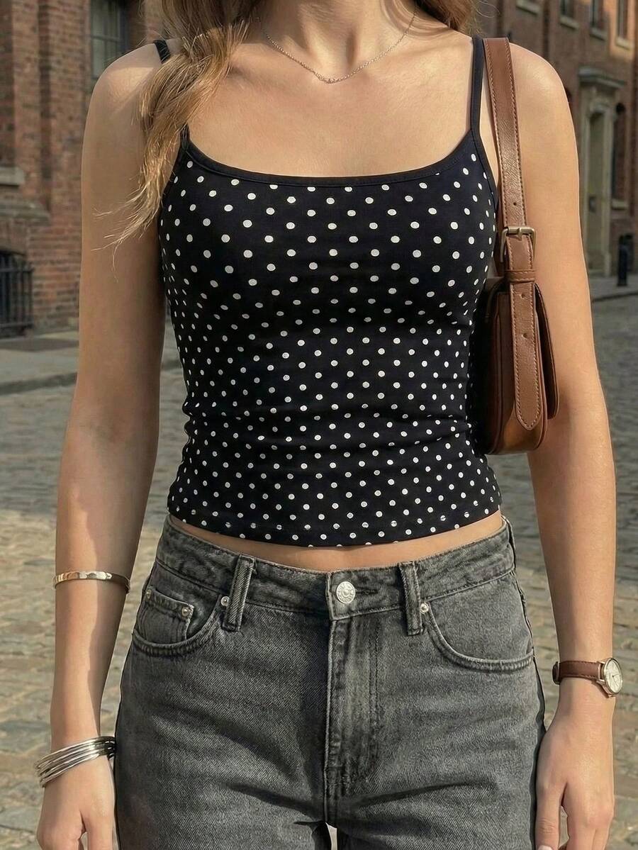 Áo tank top nữ chấm bi dây mảnh dáng ngắn, chất liệu co giãn vừa phải. - màu đen - Xem 1
