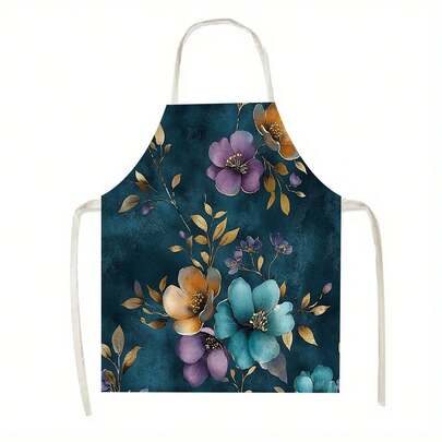 1pc(Deep Blue Background With Purple, Blue, Yellow Flowers And Golden Branches And Leaves Pattern)Apron, Suitable For Kitchen, Living Room, Dining Room, Hotel, Outdoor Barbecue, Cleaning, Home - Use, Outdoor And Other Scenarios, Made Of 100% Polyester, Lightweight And Machine - Washable