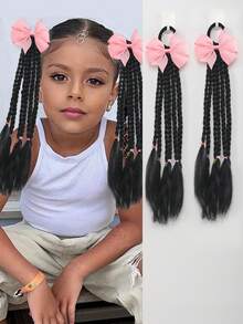 2pcs KidsTwists Braid Synthetic Double Ponytail Wig Braid Girl Bow Tie Skin Strand Tie Hair Twist Braid Sweet Hair Ornament - Natural Black - View 9