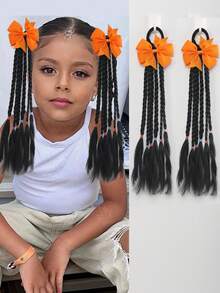 2pcs KidsTwists Braid Synthetic Double Ponytail Wig Braid Girl Bow Tie Skin Strand Tie Hair Twist Braid Sweet Hair Ornament - Natural Black - View 12