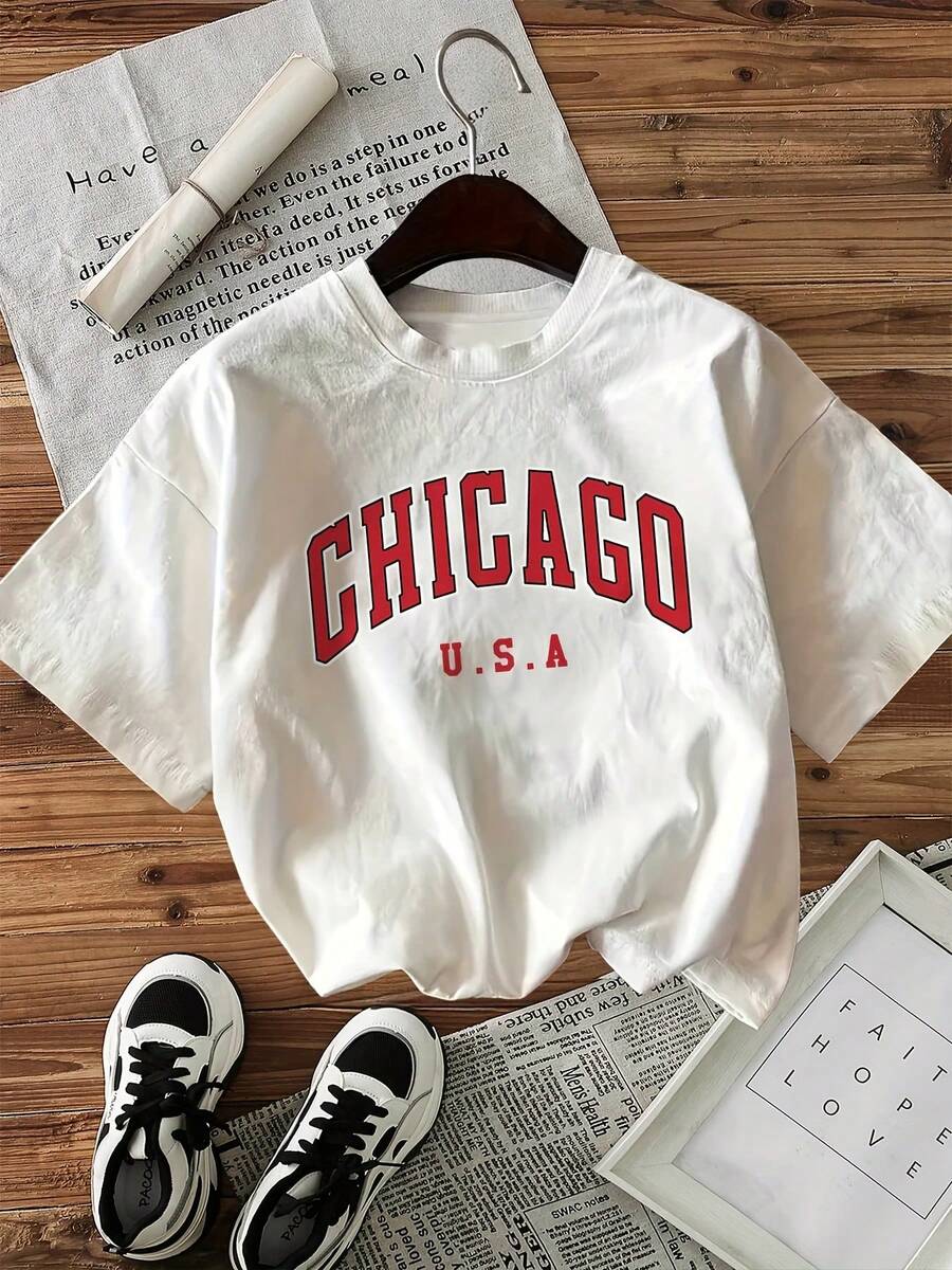 Camiseta de manga corta con cuello redondo y estampado de letras USA - Blanco - Ver 1