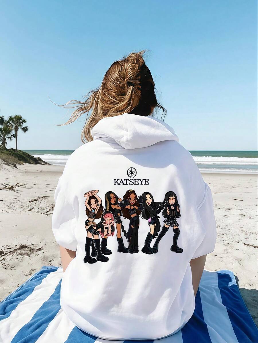 KATSEYE TOUR Band Graphic Print Women's Autumn/Winter Warm Wool-Lined Cotton Dropped Shoulder Long Sleeve Casual Sweatshirt, Soft & Comfortable, Suitable For Cold Weather, Y2K Style, Suitable For Valentine's Day, Carnival, Party, Beach, Wedding, Gym, Elegant, Vacation - White - View 1