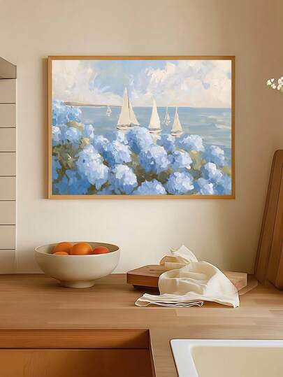 Quadro moderno com 3 veleiros, arte de parede costeira, decoração para neta com tema costeiro, estampa de hortênsias azuis, presente ideal para amigos, pôster para quarto, decoração de sala de estar, decoração de escritório, decoração de cozinha, decoração de banheiro, arte de parede, decoração de casa, decoração de quarto, arte em tela, pôsteres, arte de parede com moldura, moldura opcional.