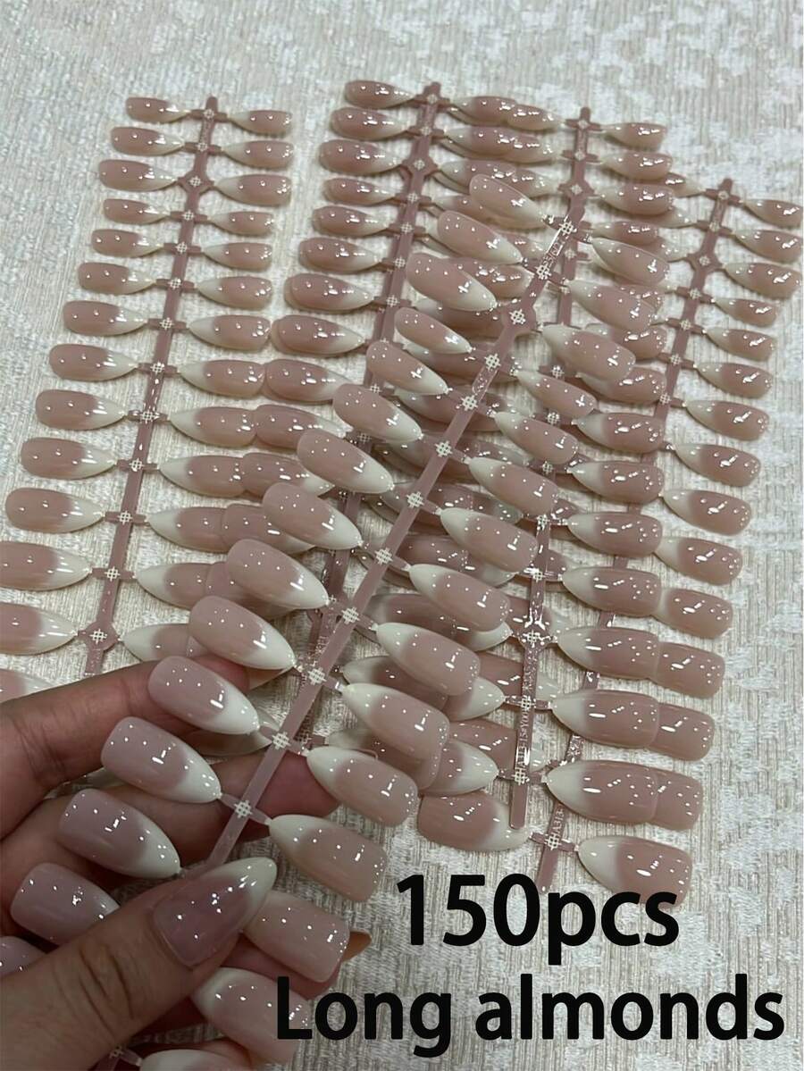 150片杏仁形白色渐变美甲贴纸，简约法式设计，完美贴合长杏仁形亚克力假指甲套装，包含：1瓶甲油胶和1把指甲锉，法式杏仁美甲贴纸适合女性日常工作、节日和派对场合。 - 彩色 - 查看 1