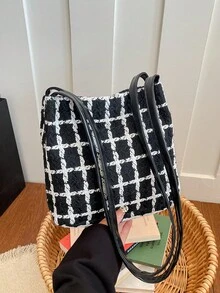 1件黑色针织面料金属按扣格子时尚百搭休闲简约别致春季新款单肩包，适合女性日常使用 - 黑色 - 查看 9