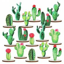 8Pcs Wooden Cactus Table Sign Decoration Table Topper Centerpiece For Home Office Birthday Holiday - 綠色 - 查看 6