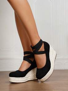 女士仿皮坡跟凉鞋，3.54英寸方头高跟踝带套脚鞋，舒适草编沙滩鞋，尺码34-43（小号和大号） - 黑色 - 查看 9