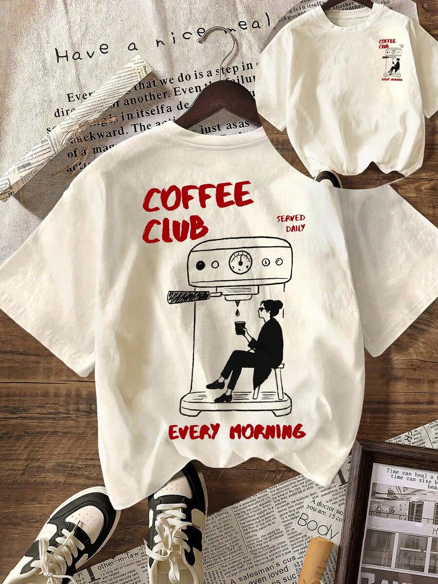 Coffee Club Graphic T-Shirt, Women's Casual Round Neck Short Sleeve Tee For Spring And Summer - Apricot - View 1