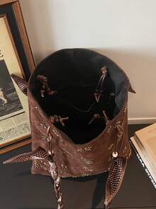 Bolso de cubo de gran capacidad con acabado mate vintage, primavera 2026 para mujeres. Bolso de hombro de moda versátil para ir y venir, elegante y retro para uso diario, perfecto para el trabajo, los viajes y los atuendos cotidianos. - Multicolor - Ver 6