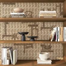 1卷可移除乙烯基壁纸，仿竹编织PVC自粘墙纸，3D纹理墙纸，适用于客厅、卧室、浴室、厨房、办公室、家具翻新 - 棕黃色 - 查看 2