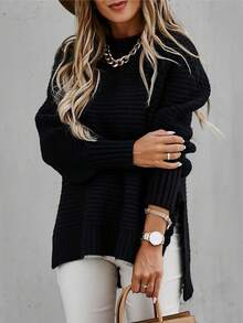 Chunky Mock Neck Knit Sweater, Long Sleeve Balloon Sleeve Pullover Fall Winter Outfit, Relaxed Fit Side Slit Textured Knit Top | Soft Breathable Knit | Multi-Color Options | Perfect With Jeans Casual Textured Knit Balloon Sleeve Sweater | Mock Neck & Ribbed Cuffs | Oversized Loose Fit | Soft Lightweight Fabric | Streetwear & Lounge Essential | Vibrant Solid Colors | Brunch & Date Outfit - Black - View 4