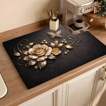 1件花卉图案吸水沥水垫，厨房装饰咖啡机垫，手工咖啡壶沥水垫，厨房地垫，餐桌垫，厨房台面碗碟沥水垫，早餐垫，防滑耐热沥水垫，硅藻土沥水垫，遮盖污渍，超强吸水厨房垫，易清洁碗碟架垫，适用于厨房、餐桌、咖啡店、酒吧、节日、派对、家居装饰、节日礼物