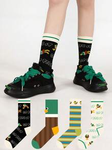 4双装春秋新款可爱卡通鸭子图案透气吸湿条纹中筒袜（女款） - 彩色 - 查看 1