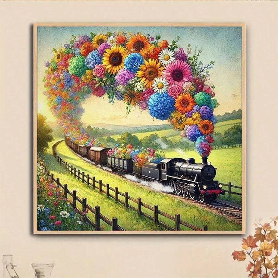 5D钻石画套装 - 春日列车，满载缤纷鲜花，圆形钻石珠，色彩鲜艳，适合家居和办公室墙面装饰，万圣节和圣诞节礼物，办公室装饰，节日艺术品，精美手工项目，DIY创意套装，节日购物必备，家居装饰爱好者的理想之选
