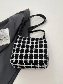 Túi đeo vai dệt kẻ caro thời trang, túi đi làm, túi xách tay độc đáo - màu đen - Xem 6