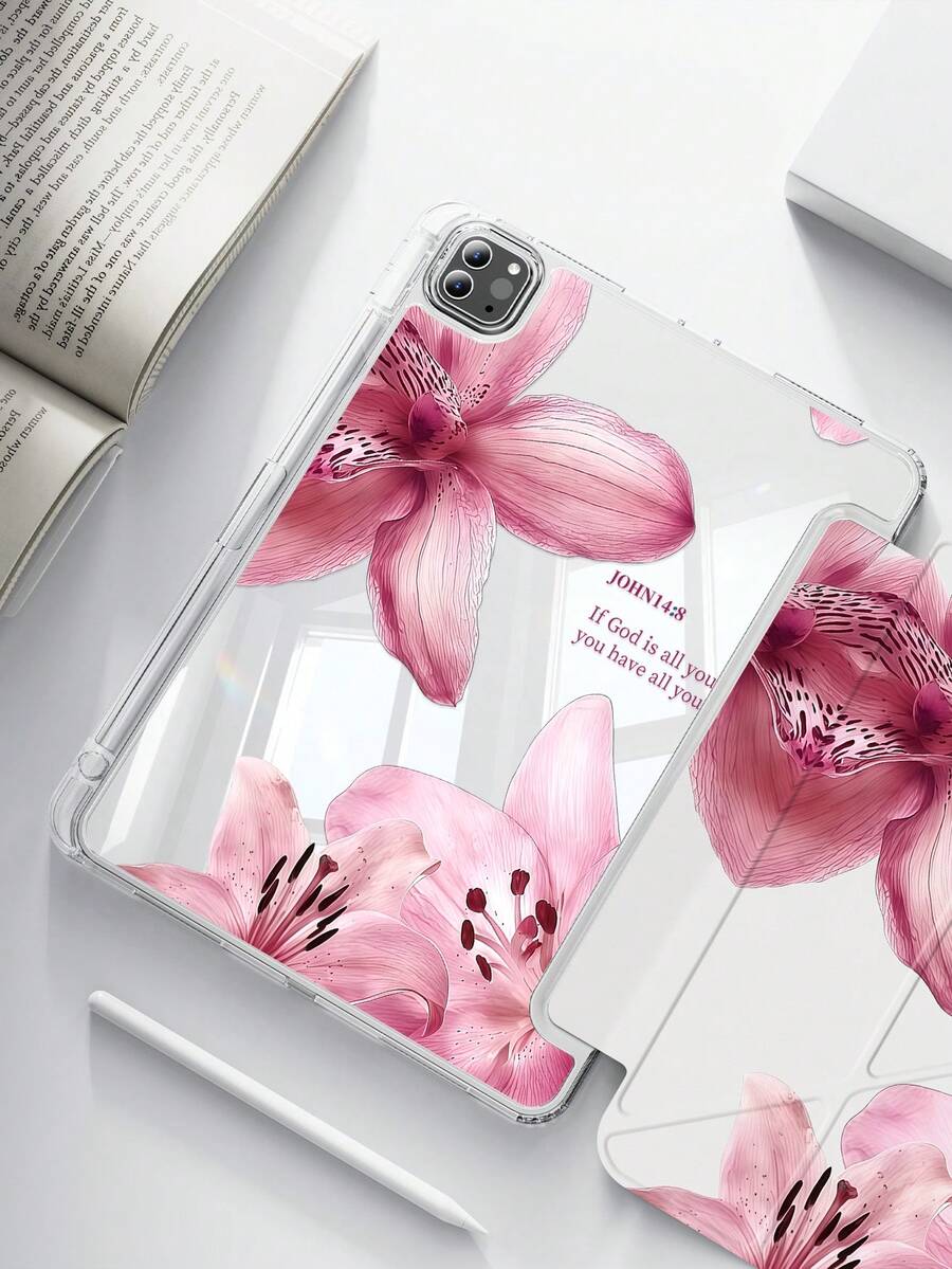 A Cute Cartoon Floral & Letter Pattern Acrylic Transparent Crystal Back Cover, Shock-Proof, Suitable For IPad 7th, 8th, 10th Generation (10.2 Inch), Built-In Pencil Slot, Support Sleep/Wake Function, Ideal Gift Choice - Multicolor - View 1