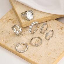 珍珠戒指套装，小众复古奢华多层几何弧形戒指首饰 - 彩色 - 查看 4