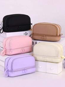 1个大容量四拉链多层文具袋，可直立放置于桌面，带提手，方便携带，适用于办公室、学校、大学、成人，黑色，返校礼物，文具用品，铅笔盒，背包 - 彩色 - 查看 8