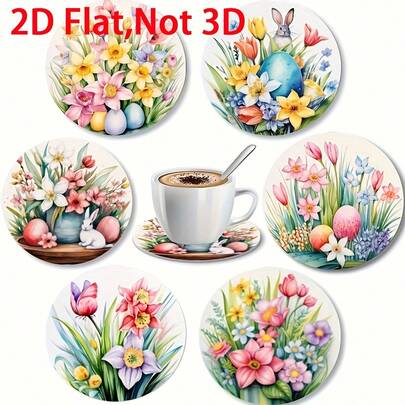 6pcs Wooden Coaster Set With Easter Eggs & Floral Patterns, Size 10 X 10.01cm, Made Of Wood, Suitable For Outdoor Dining Table, Kitchen And Living Room, Great Easter Gift For Family And Friends