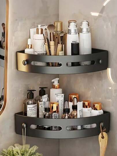 Estantería de Baño de 1/2/3 Niveles para Montar en la Pared con Ganchos en Color Negro, Rosa, Azul y Verde - Almacenamiento de Esquina Multicapa para Cosméticos, Artículos de Aseo y Más - Organizador Ahorrador de Espacio para Baño o Cocina, Soporte para Artículos de Aseo | Estantería con Acabado Oscuro | Estantería Sin Mantenimiento