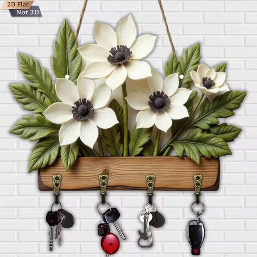 1pc Wooden Flat Key Holder With 4 Metal Hooks - "Que Dios Bendiga Este " Spanish Design, Floral Wall Decor, Suitable For Home, Porch, Villa - Multifunctional Seasonal Decoration, Key Hook Wall, Key Rack Wall, Key Hanger Wall, Key Hooks, Wooden Key Rack Wall